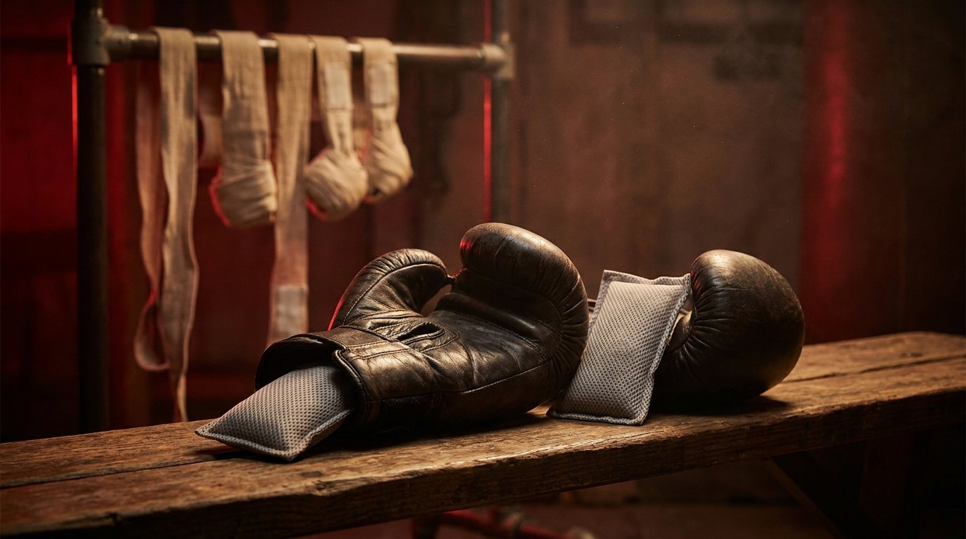Boxing gloves with deodorizer pouches drying on a gym bench