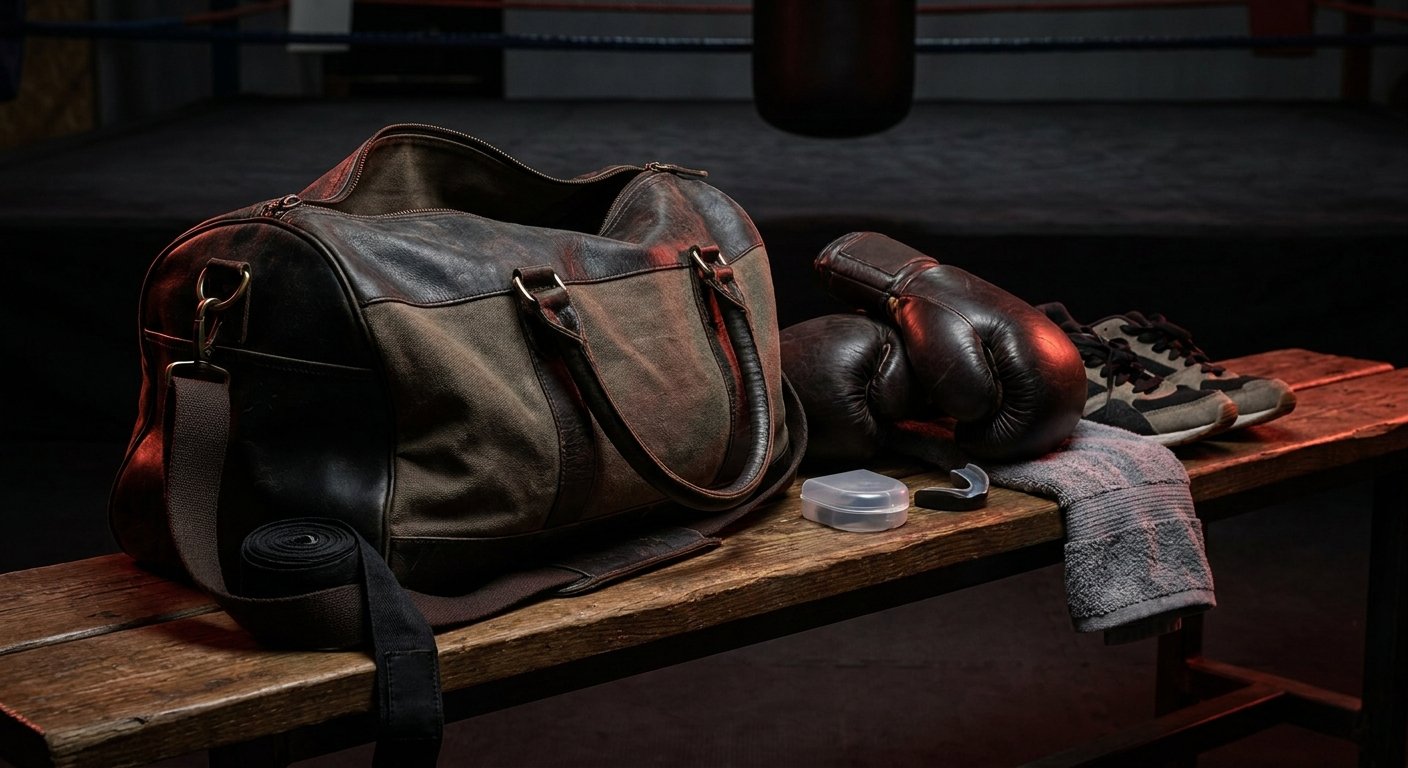 Unbranded boxing gym bag packed with gloves wraps shoes and training gear