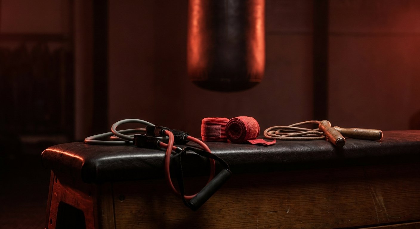 Boxing resistance bands and hand wraps on a dark gym bench
