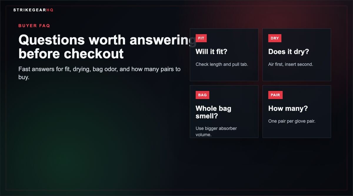 Visual FAQ cards for boxing glove deodorizer buyers