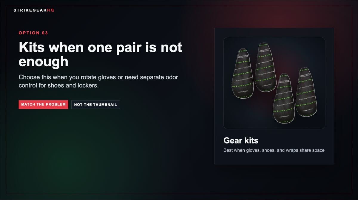 Visual option card for boxing gear deodorizer kits