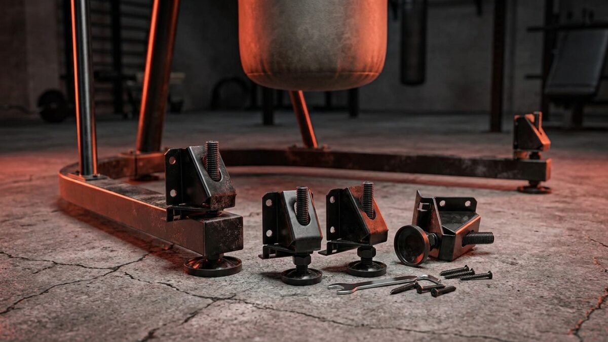 StrikeGearHQ realistic product-source feature image for heavy bag base levelers on uneven floors