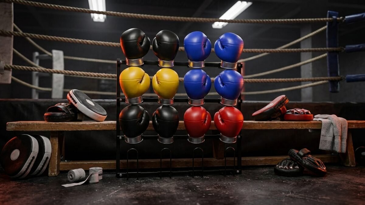 StrikeGearHQ realistic product-source feature image for Best Punch Mitt Storage Racks for Home Gyms (2026)