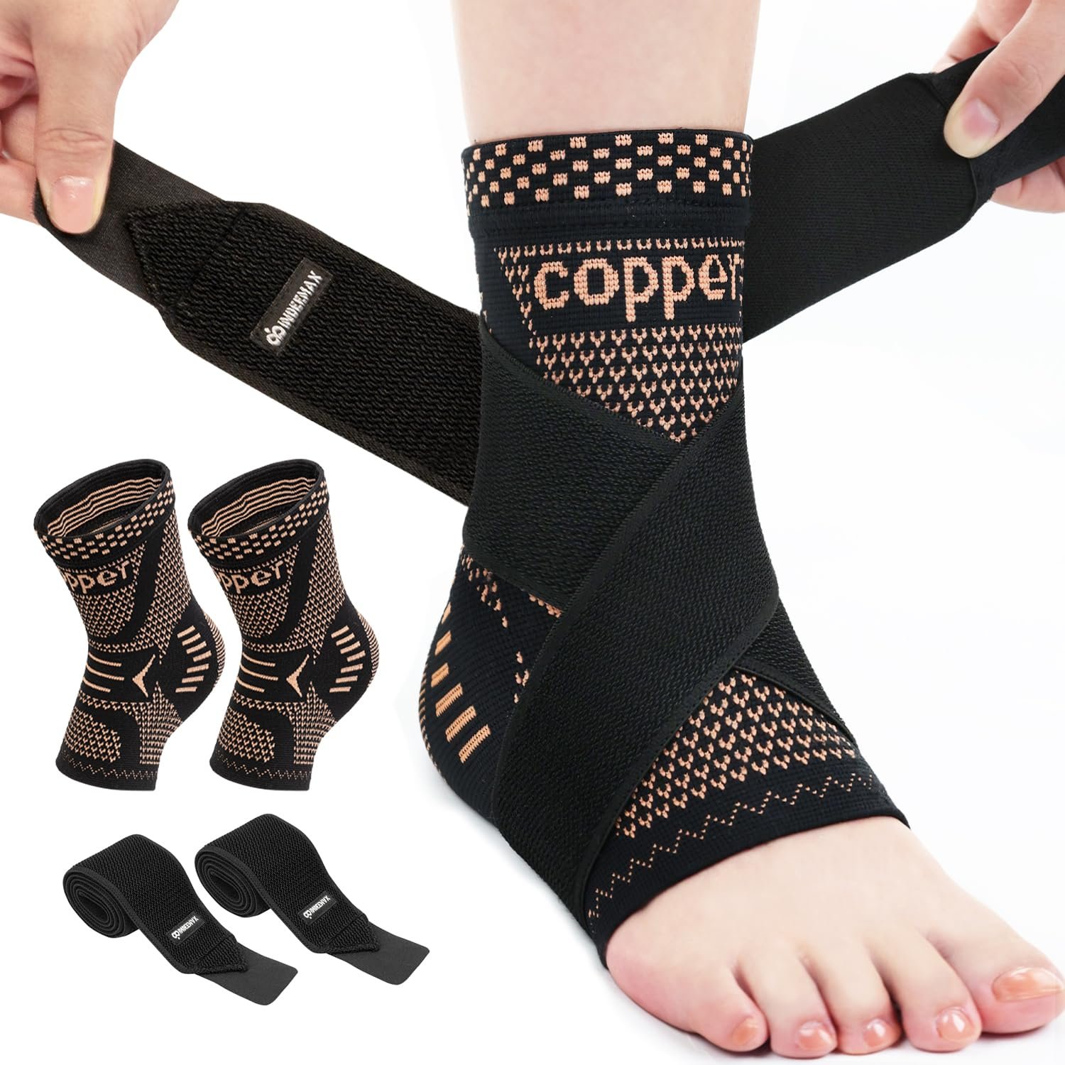 INDEEMAX Ankle Brace for Women & Men, Ankle Compression Sleeve Support Copper Infused Ankle Brace for Sprained Ankle, Plantar Fasciitis Sports, Achilles Tendonitis Pain Relief, Copper Black, M : Health & Household product image
