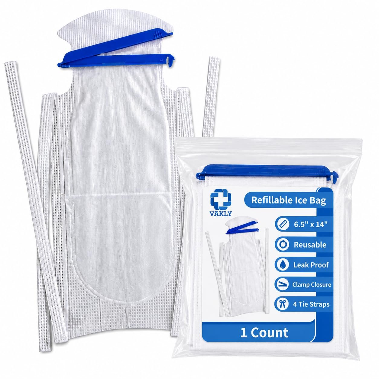 Vakly Refillable Ice Bags 6.5 x 14 in Large – Reusable Hospital Ice Packs with Clamp Closure, Leak-Resistant Ice Pack for Cold Therapy & Injury Relief : Health & Household product image