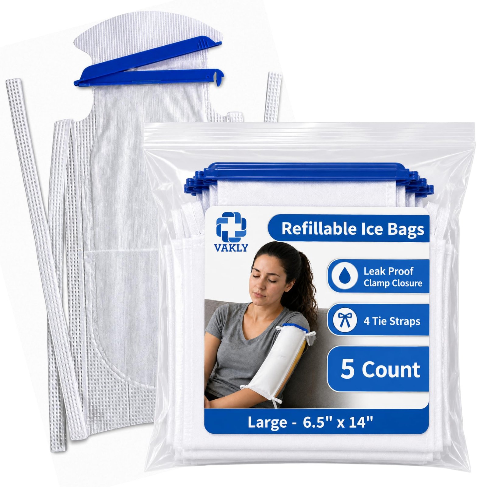 Vakly Large Refillable Ice Bags 6.5 x 14 [Pack of 5] – Reusable Ice Pack with Clamp Closure, Soft Outer Covering & Leak-Resistant Inner Layer for Hospital, Home & Sports Use : Health & Household product image