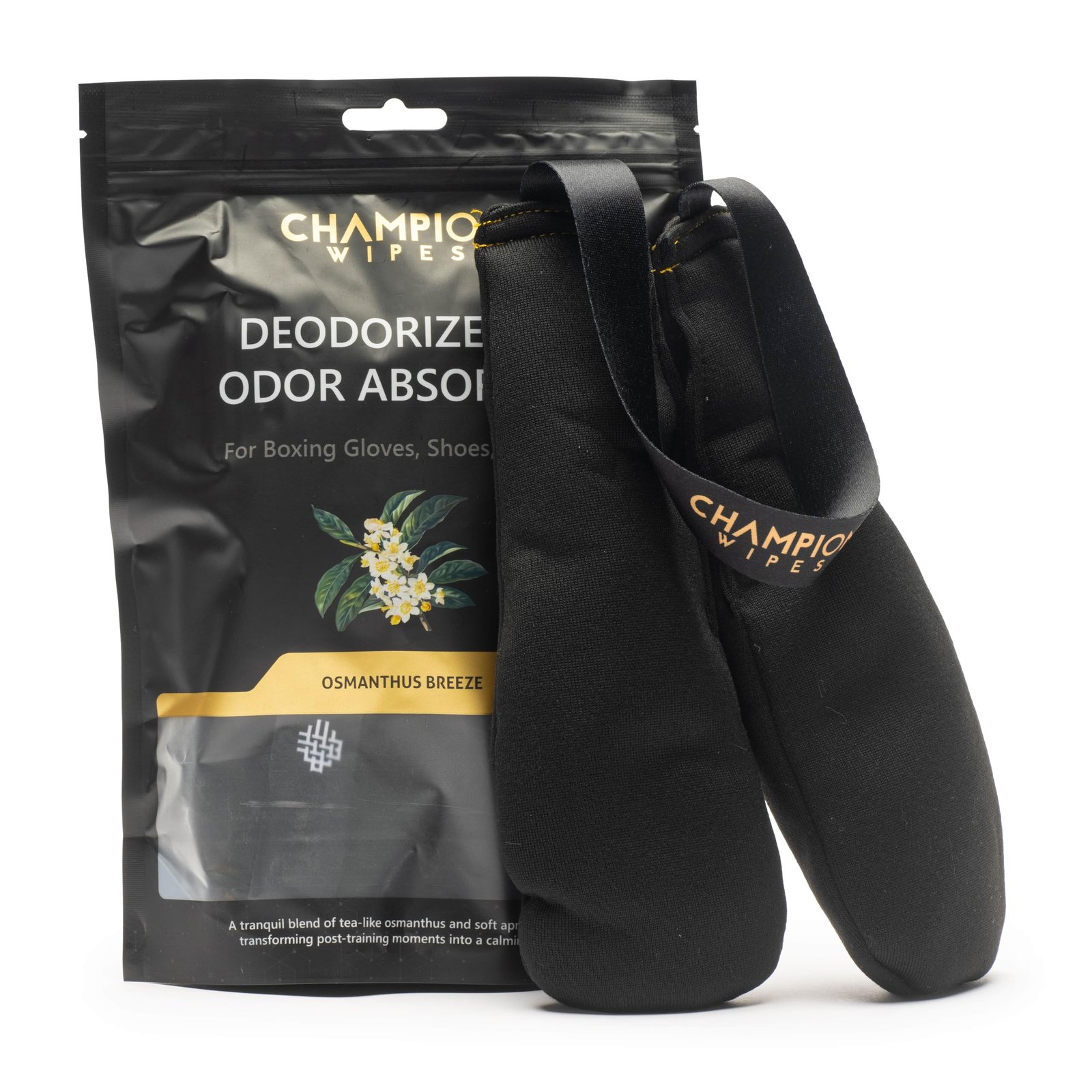 Champion Wipes Deodorizer Inserts for Boxing Gloves, Hockey Equipment, Gym Bags & Sports Gear – Bamboo Charcoal Odor Absorber & Moisture Absorber – Reusable Dual-Pouch Insert (Osmanthus Breeze) product image