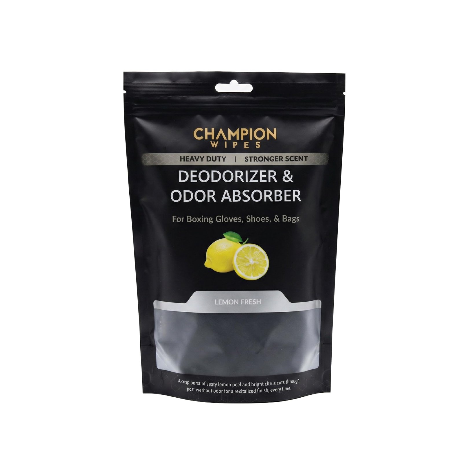 Champion Wipes Deodorizer Inserts for Boxing Gloves, Hockey Equipment, Gym Bags & Sports Gear – Bamboo Charcoal Odor Absorber & Moisture Absorber – Reusable Dual-Pouch Insert (Lemon Fresh) product image