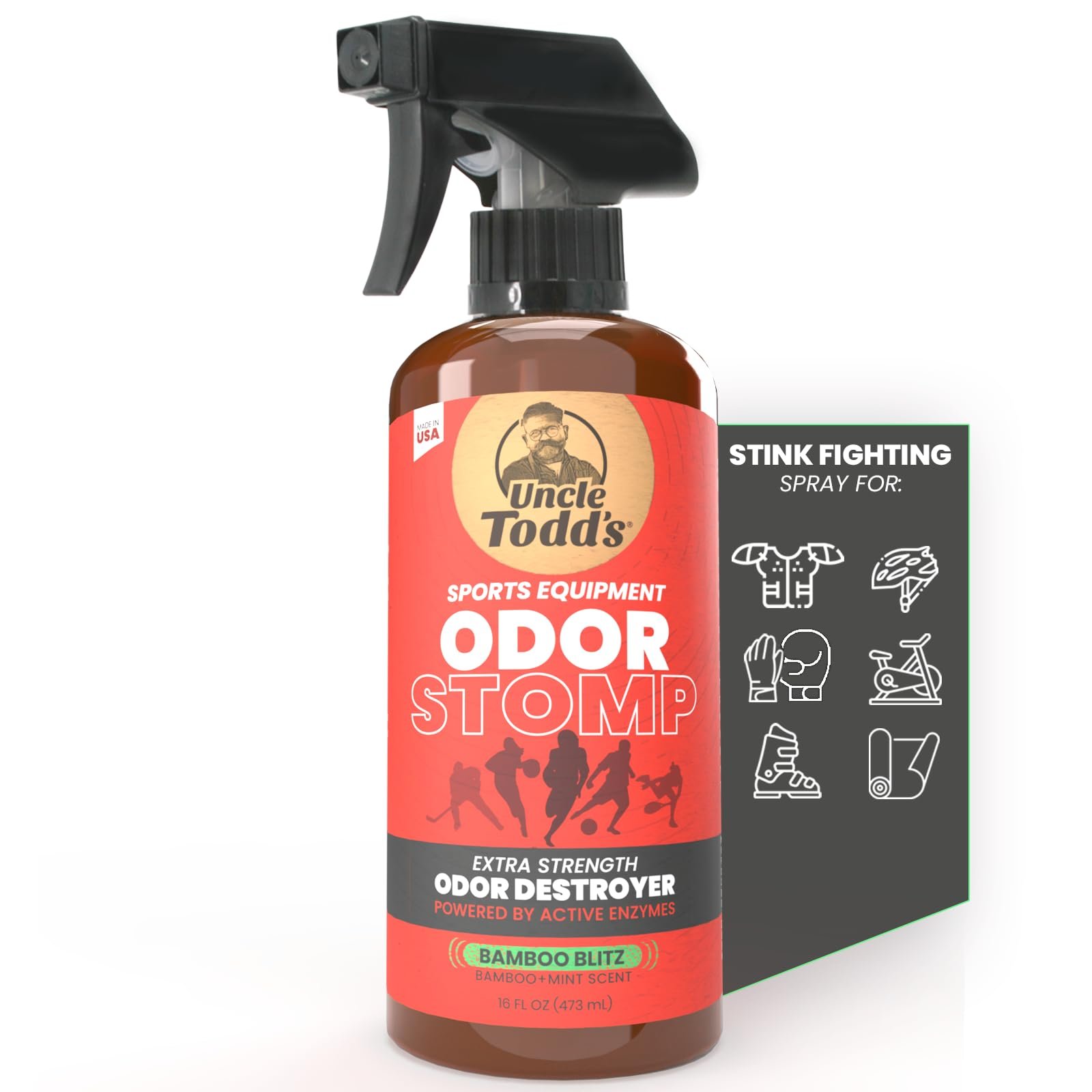 Odor Stomp Sports Equipment Odor Eliminator Spray, Enzyme-Powered, 16oz | Bamboo Blitz, Fast-acting fabric spray deodorizer for football pads, hockey, gym, helmets & athletic gear Made in USA : Health & Household product image