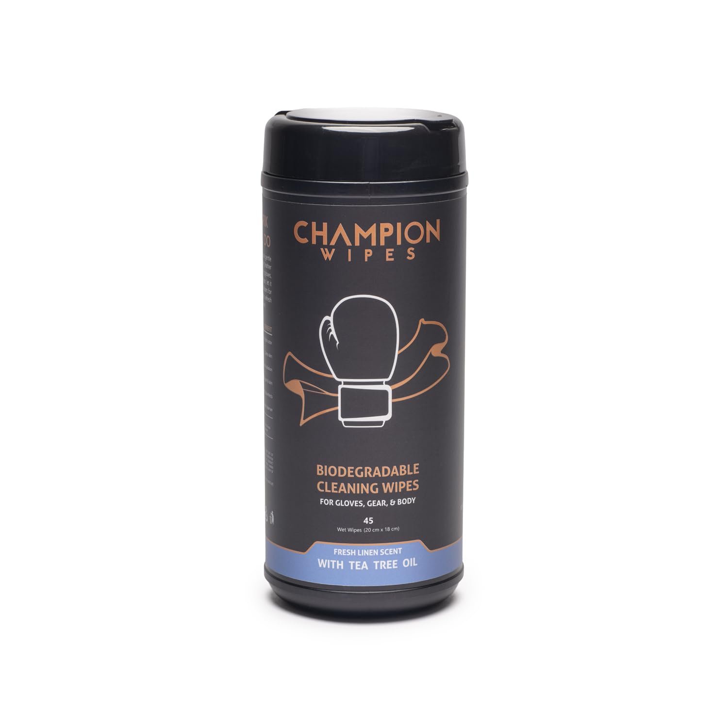 Champion Wipes - Boxing Glove Cleaning Wipes, 45 Count | Tea Tree Oil Formula | For Gloves, Gear & Body | Made with Biodegradable Viscose | Streak Free, No Residue (Canister, Fresh Linen) product image