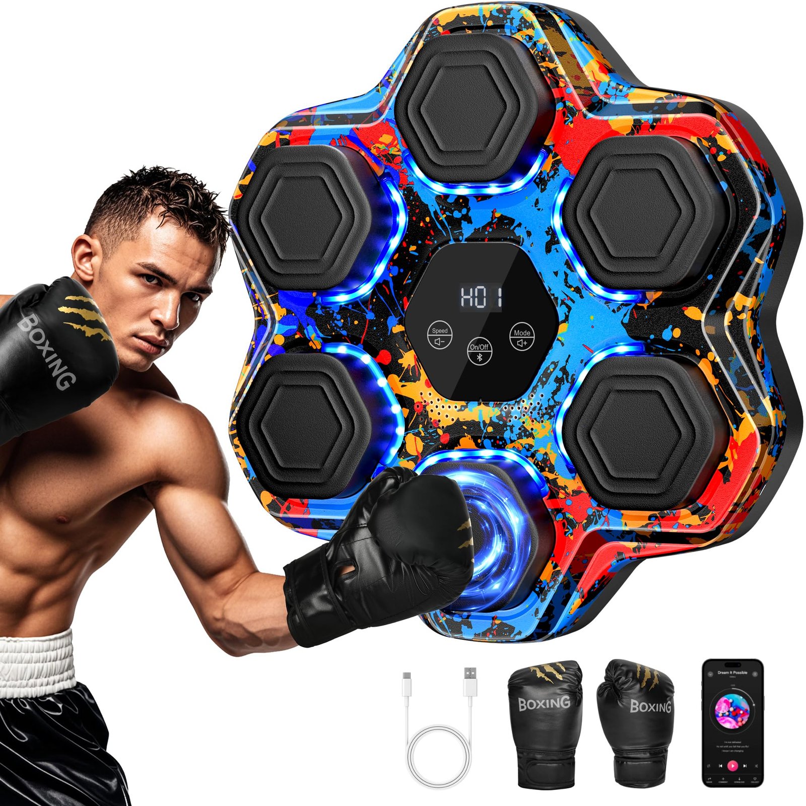TGLLM Music Boxing Machine, Smart Bluetooth Boxing Machine with Gloves, Wall Mounted Music Punching Trainer for Kids Adult, LED Electronic Boxing Workout Target with 9 Modes & 9 Speeds product image