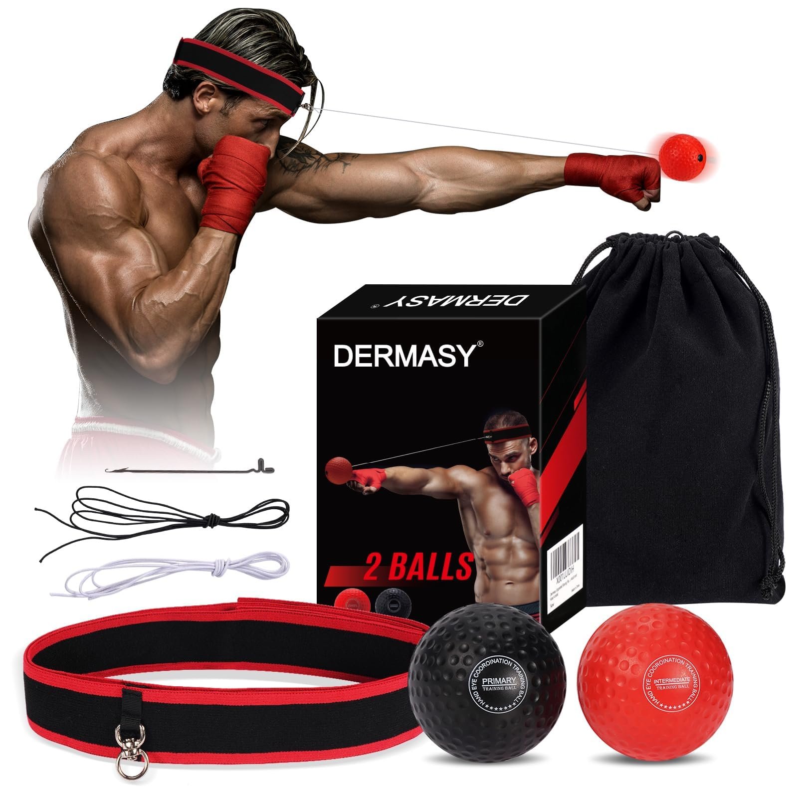Dermasy Upgraded Boxing Reflex Ball, Training Ball with Headband Perfect for Reaction, Punching Speed, Fight Skill, Fitness, Newst Boxing Equipment for Adult and Kids (2 Balls) product image