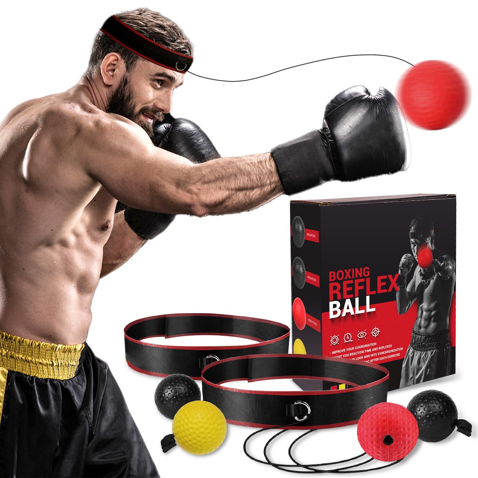 KTEBO Boxing Reflex Ball Headband Set - Includes 4 Different Balls and 2 Adjustable Headbands for Beginner Proficiency Improvement, Great Boxing Equipment, Perfect Stocking Stuffers product image