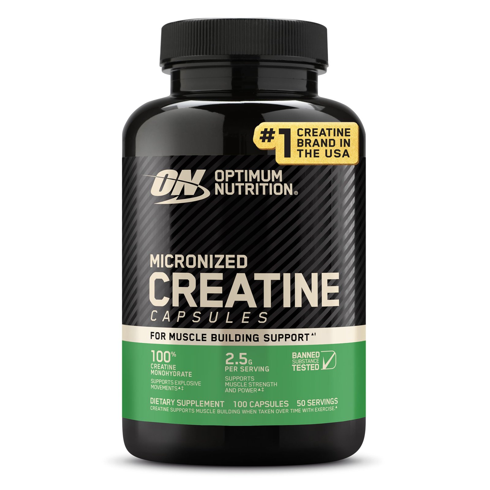 Optimum Nutrition Creatine, Micronized Creatine Monohydrate Capsules, Supports Strength & Recovery, Banned Substance Tested, 2.5g per Serving, 50 Servings, 100 Count | Micronized Creatine Monohydrate Capsules, Easy to Swallow, Keto Friendly, Supports Muscle Building, Strength & Performance : Everything Else product image