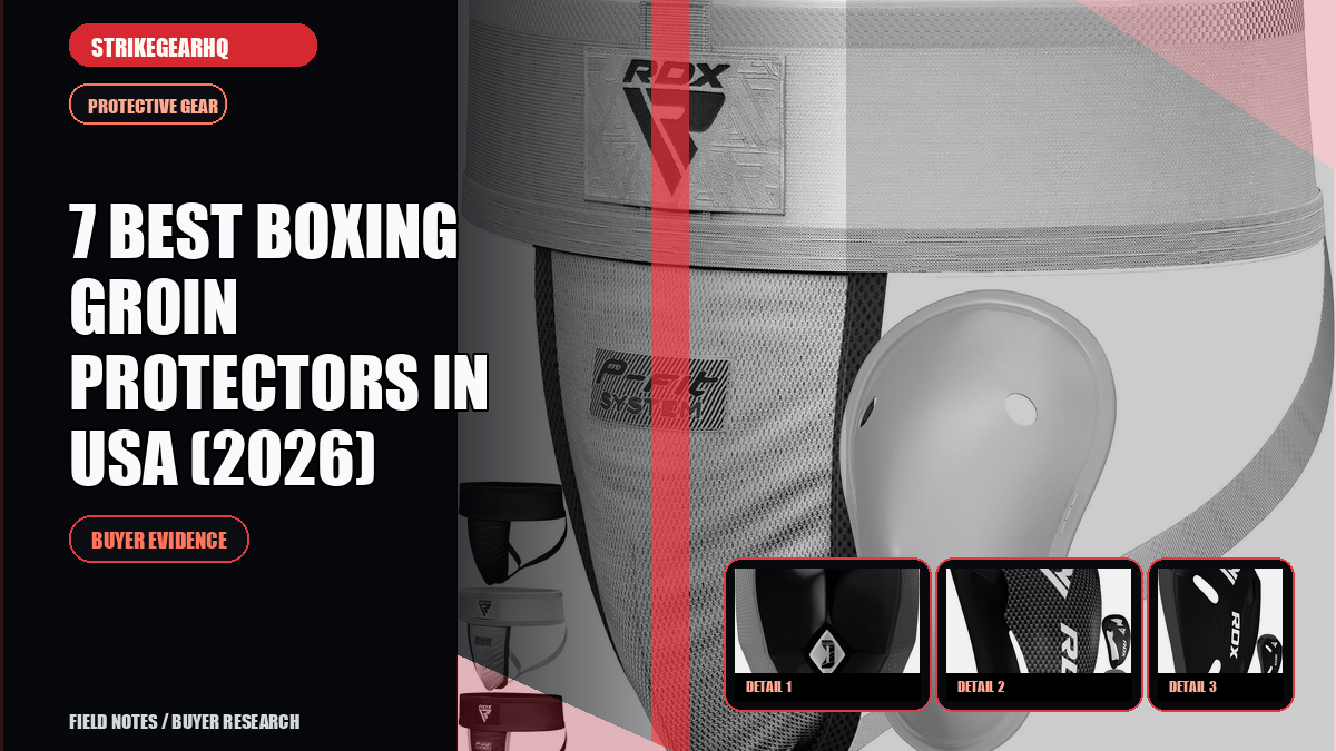 StrikeGearHQ article-specific real product banner for 7 Best Boxing Groin Protectors in USA (2026)