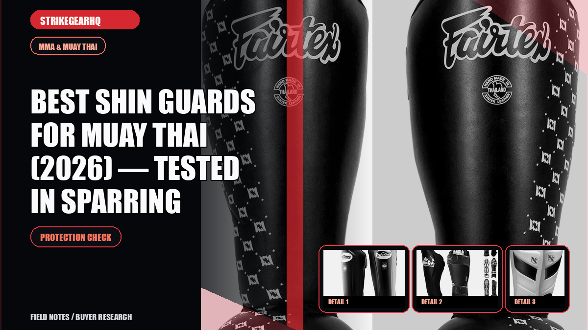 StrikeGearHQ article-specific real product banner for Best Shin Guards for Muay Thai (2026) — Tested in Sparring