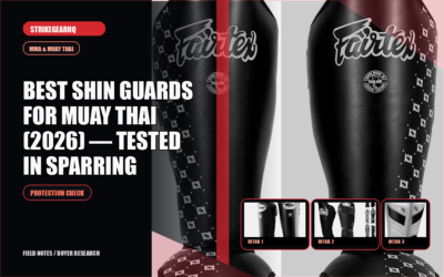 StrikeGearHQ article-specific real product banner for Best Shin Guards for Muay Thai (2026) — Tested in Sparring